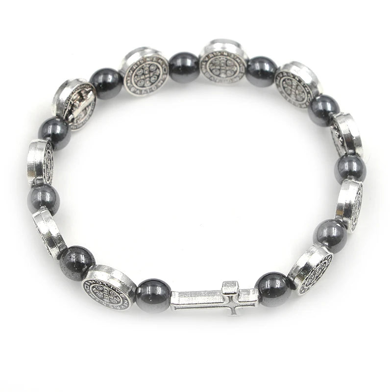 VILLWICE Catholic Rosary Bracelet St. Benedict Medal Cross Prayer Bracelets Hematite Beads Religion Jewelry Accessories