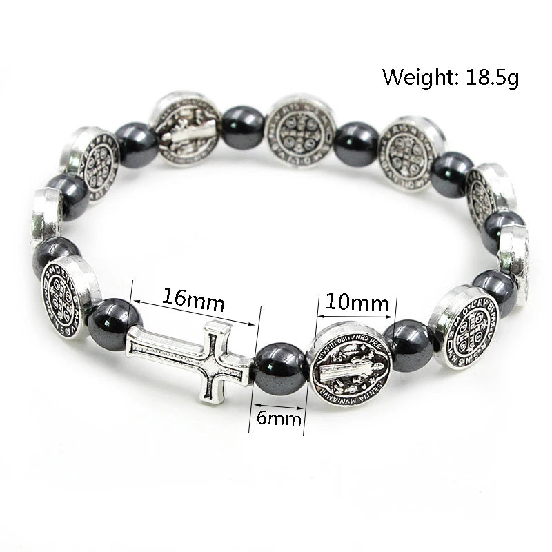 VILLWICE Catholic Rosary Bracelet St. Benedict Medal Cross Prayer Bracelets Hematite Beads Religion Jewelry Accessories