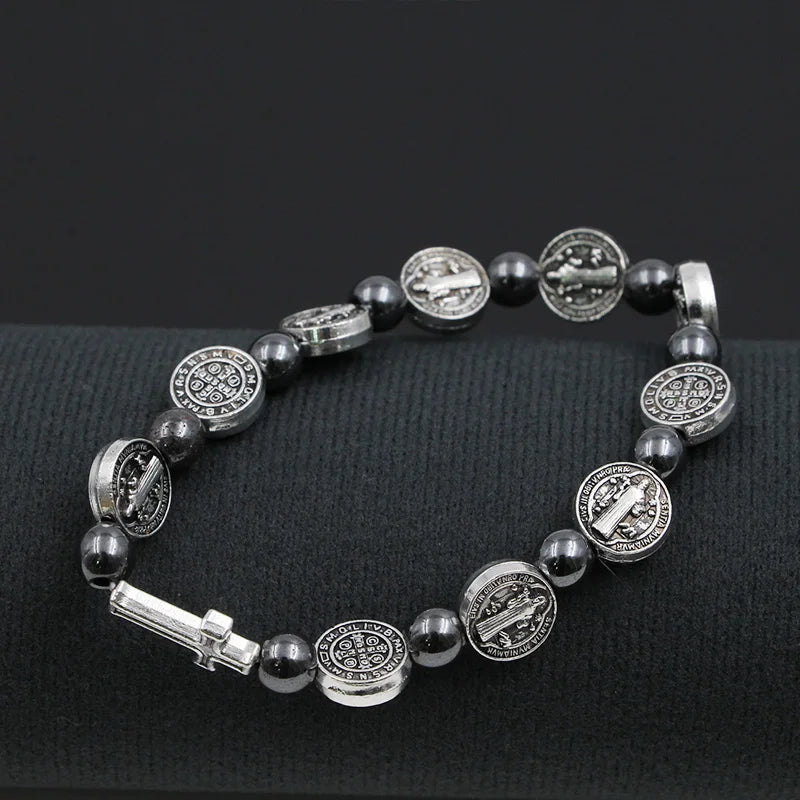 VILLWICE Catholic Rosary Bracelet St. Benedict Medal Cross Prayer Bracelets Hematite Beads Religion Jewelry Accessories