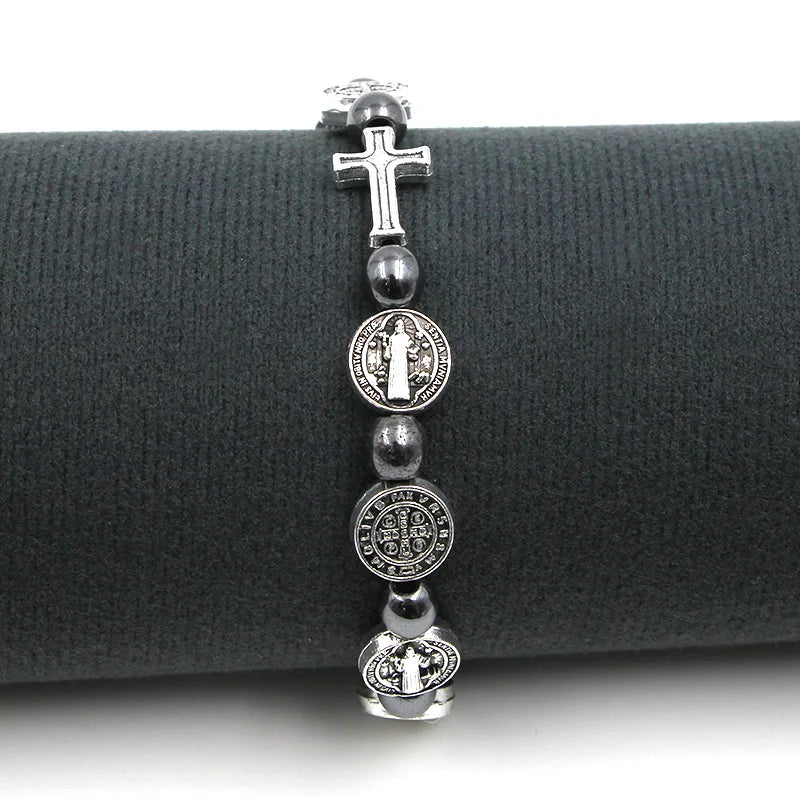 VILLWICE Catholic Rosary Bracelet St. Benedict Medal Cross Prayer Bracelets Hematite Beads Religion Jewelry Accessories