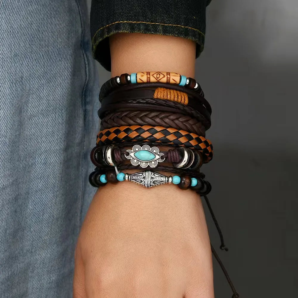Feather Evil Eye Ethnic 5-6pc/set wood bead tree Charms bracelets Hamsa Hand Butterfly Bohemia Men Bracelets Women Jewelry