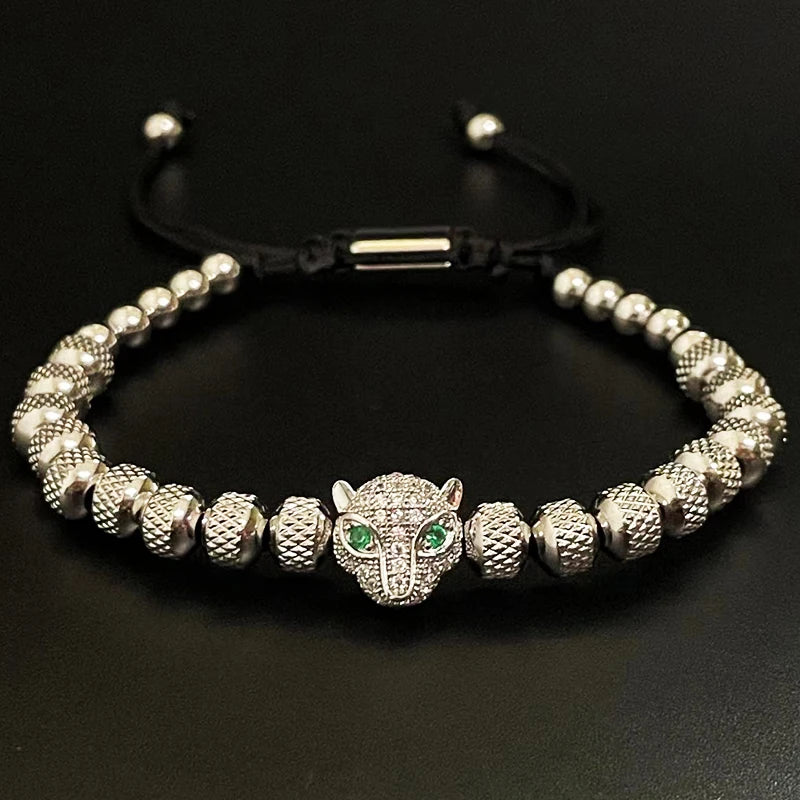 Luxury Stainless Steel Beads Beaded Leopard Head Man Bracelet For Women Hand Jewelry Couple Gift