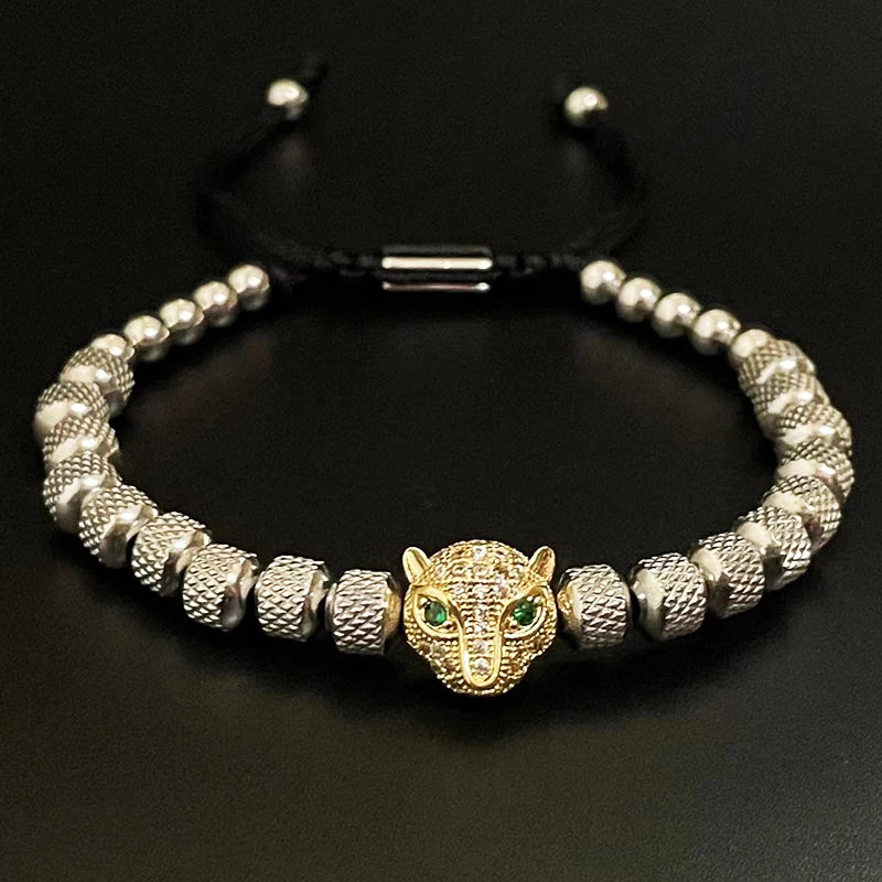 Luxury Stainless Steel Beads Beaded Leopard Head Man Bracelet For Women Hand Jewelry Couple Gift