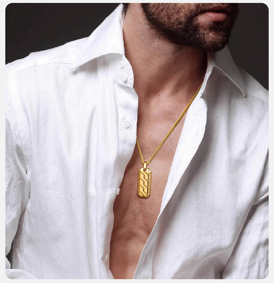 Vnox Cool Tire Pattern Necklaces for Men Boys, Stainless Steel Geometric Bar Pendant Collar, Punk Stylish Gifts for Him
