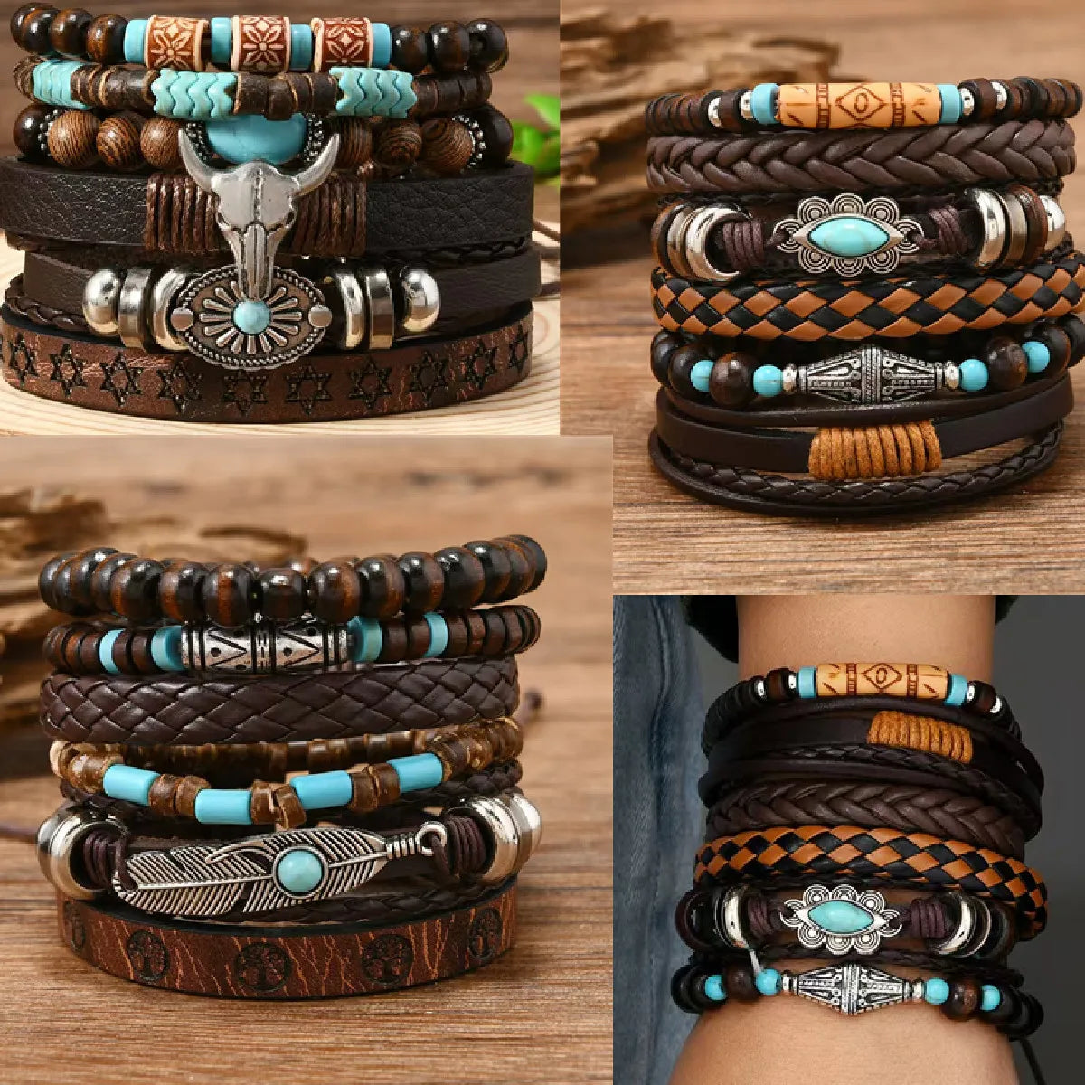 Feather Evil Eye Ethnic 5-6pc/set wood bead tree Charms bracelets Hamsa Hand Butterfly Bohemia Men Bracelets Women Jewelry