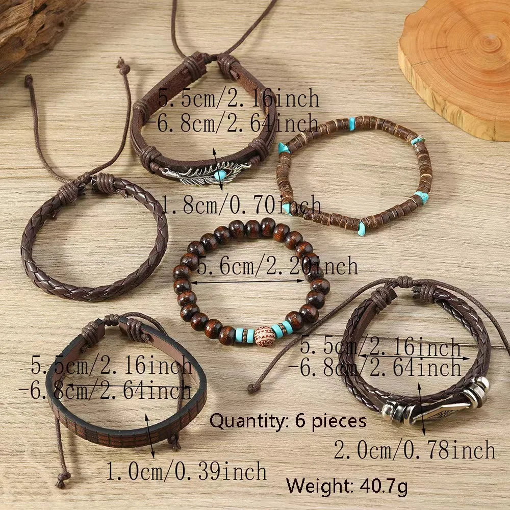 Feather Evil Eye Ethnic 5-6pc/set wood bead tree Charms bracelets Hamsa Hand Butterfly Bohemia Men Bracelets Women Jewelry