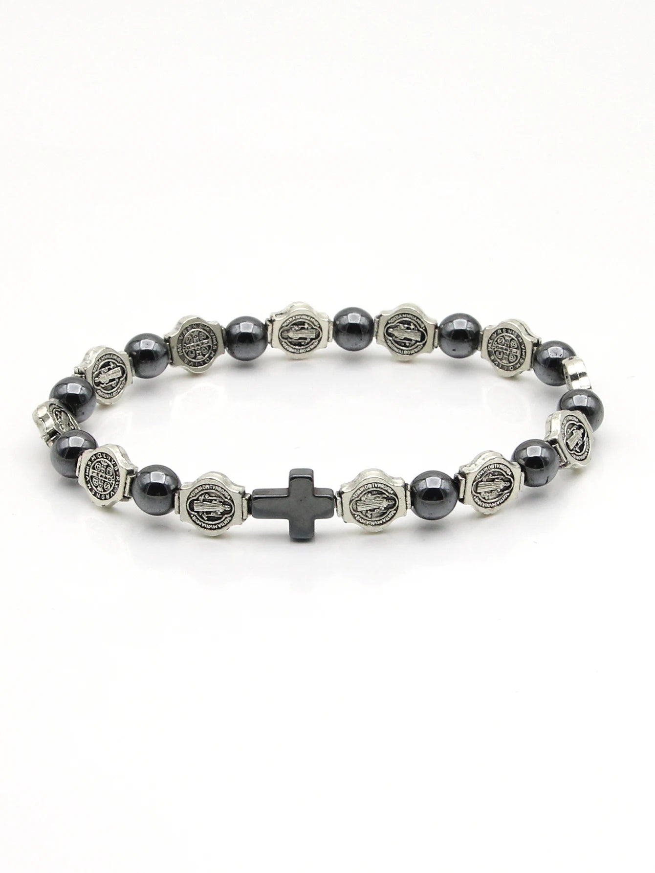 VILLWICE Catholic Rosary Bracelet St. Benedict Medal Cross Prayer Bracelets Hematite Beads Religion Jewelry Accessories
