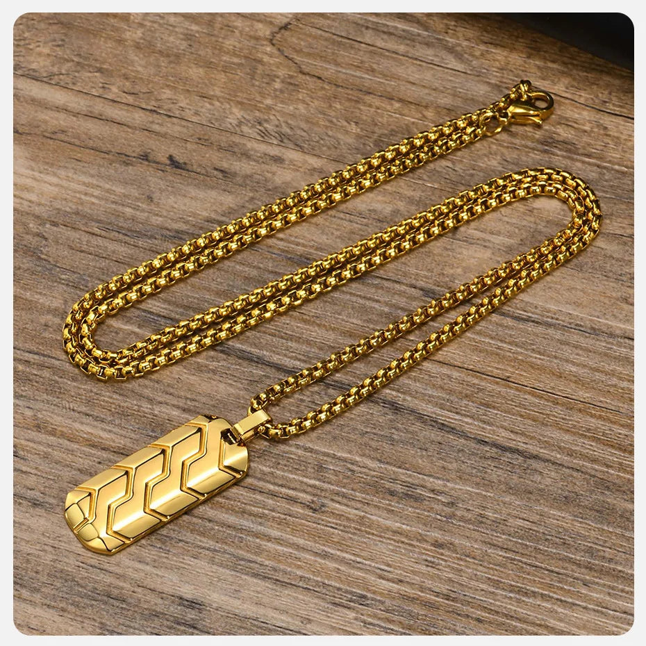 Vnox Cool Tire Pattern Necklaces for Men Boys, Stainless Steel Geometric Bar Pendant Collar, Punk Stylish Gifts for Him