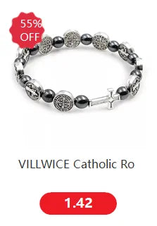 VILLWICE Catholic Rosary Bracelet St. Benedict Medal Cross Prayer Bracelets Hematite Beads Religion Jewelry Accessories