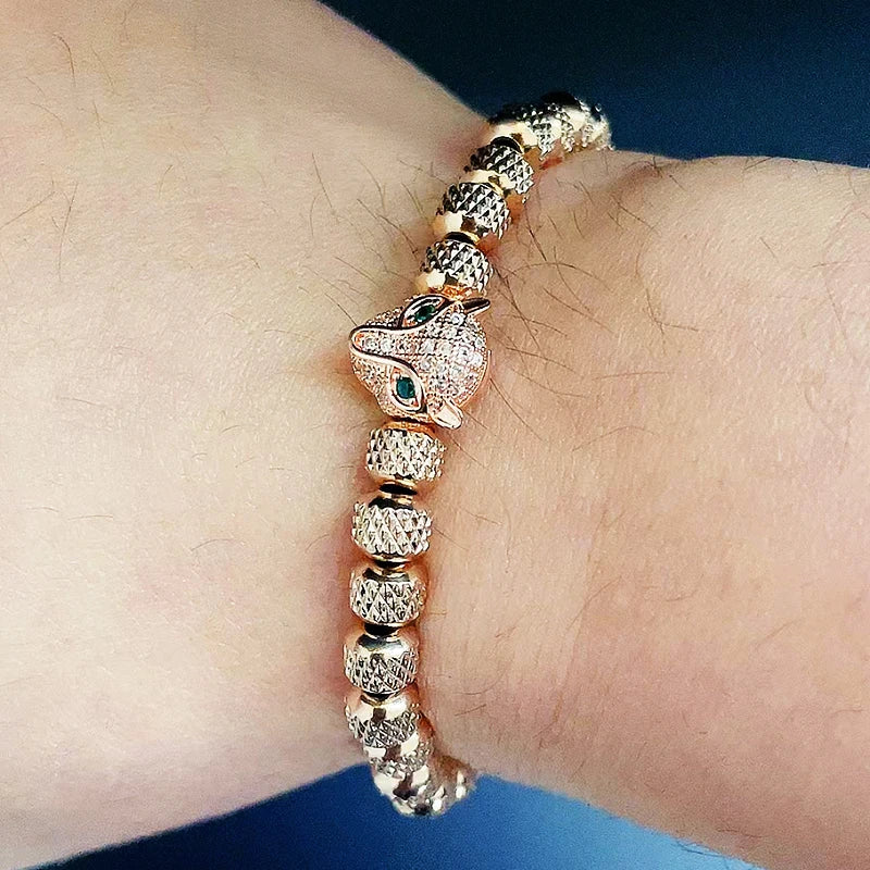 Luxury Stainless Steel Beads Beaded Leopard Head Man Bracelet For Women Hand Jewelry Couple Gift