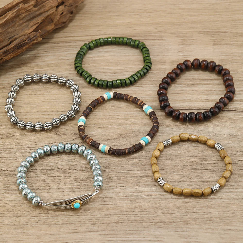 Feather Evil Eye Ethnic 5-6pc/set wood bead tree Charms bracelets Hamsa Hand Butterfly Bohemia Men Bracelets Women Jewelry