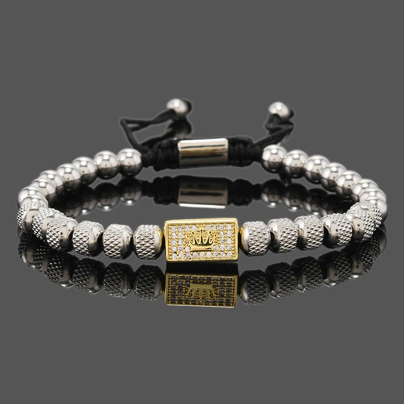 Luxury Stainless Steel Beads Crown Charms Man Bracelets Handmade Jewelry Gift