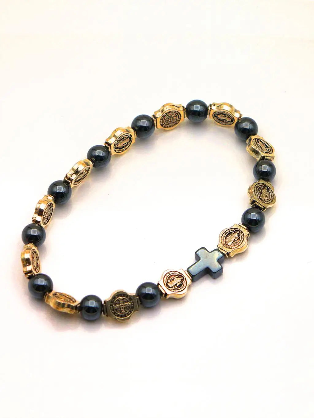 VILLWICE Catholic Rosary Bracelet St. Benedict Medal Cross Prayer Bracelets Hematite Beads Religion Jewelry Accessories