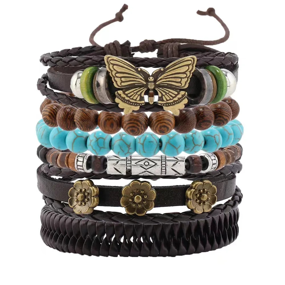 Feather Evil Eye Ethnic 5-6pc/set wood bead tree Charms bracelets Hamsa Hand Butterfly Bohemia Men Bracelets Women Jewelry