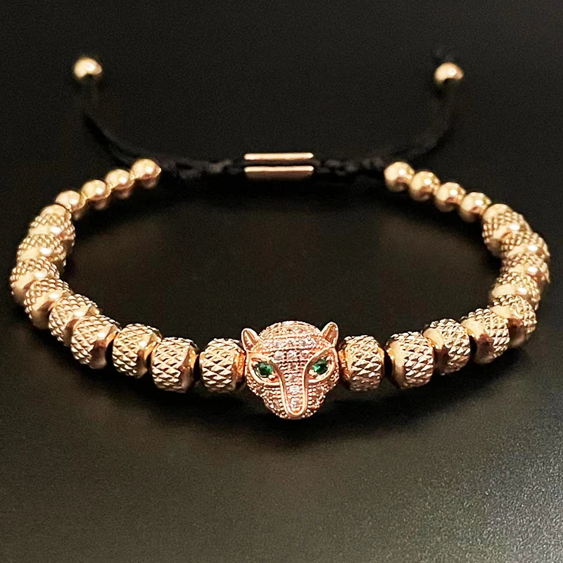 Luxury Stainless Steel Beads Beaded Leopard Head Man Bracelet For Women Hand Jewelry Couple Gift