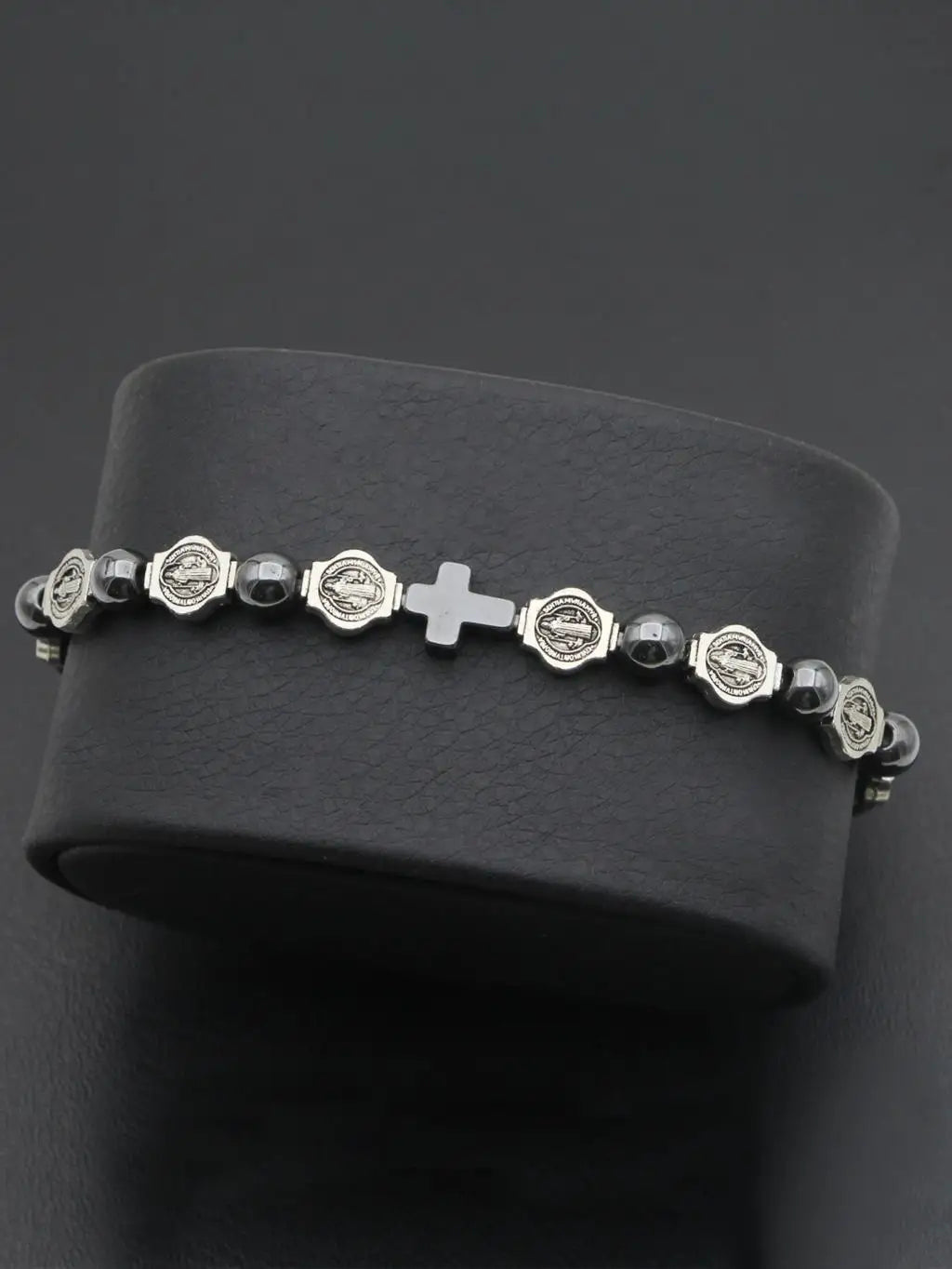 VILLWICE Catholic Rosary Bracelet St. Benedict Medal Cross Prayer Bracelets Hematite Beads Religion Jewelry Accessories
