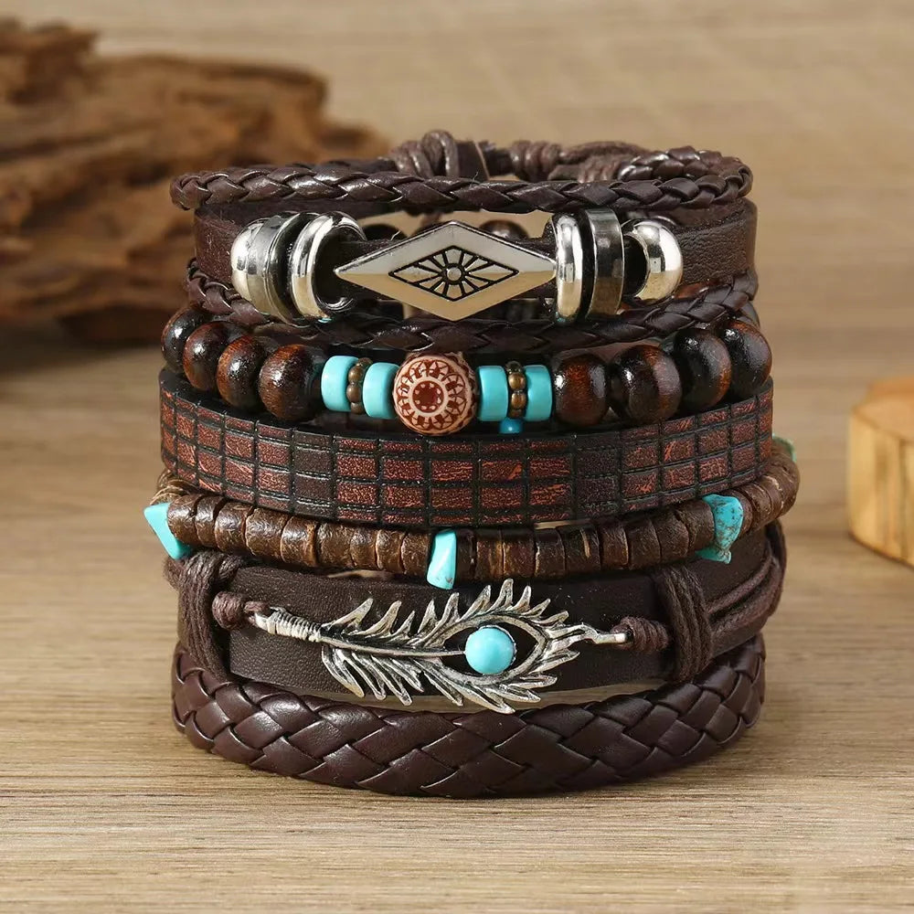 Feather Evil Eye Ethnic 5-6pc/set wood bead tree Charms bracelets Hamsa Hand Butterfly Bohemia Men Bracelets Women Jewelry