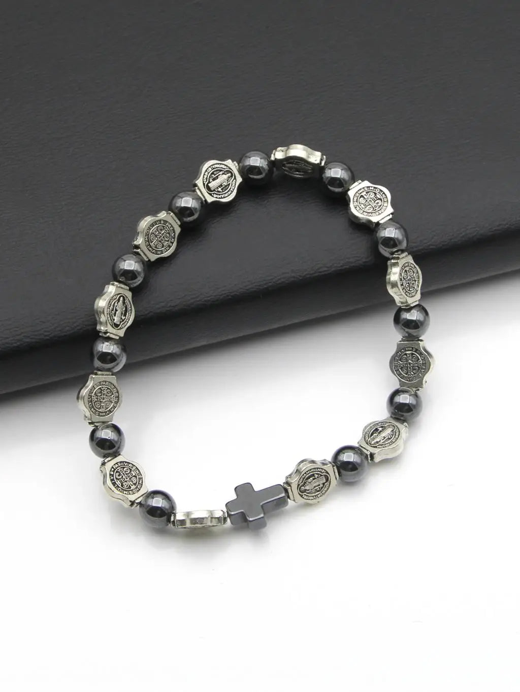 VILLWICE Catholic Rosary Bracelet St. Benedict Medal Cross Prayer Bracelets Hematite Beads Religion Jewelry Accessories