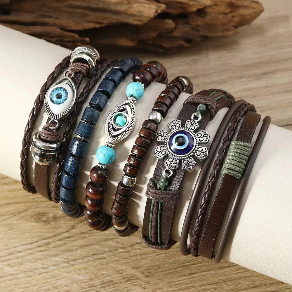 Feather Evil Eye Ethnic 5-6pc/set wood bead tree Charms bracelets Hamsa Hand Butterfly Bohemia Men Bracelets Women Jewelry