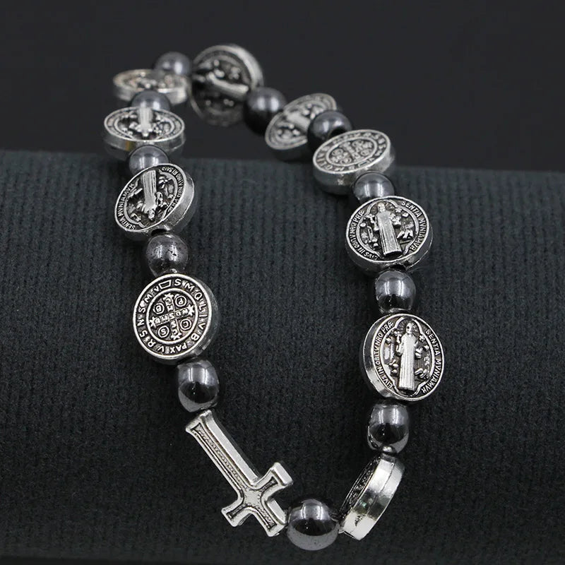 VILLWICE Catholic Rosary Bracelet St. Benedict Medal Cross Prayer Bracelets Hematite Beads Religion Jewelry Accessories