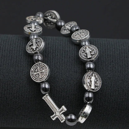 VILLWICE Catholic Rosary Bracelet St. Benedict Medal Cross Prayer Bracelets Hematite Beads Religion Jewelry Accessories