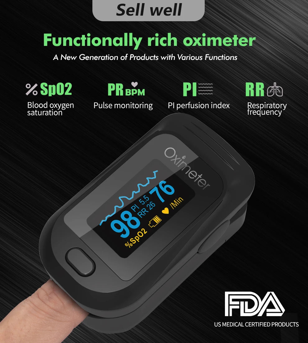 KIUZOU Finger Pulse Oximeter OLED Blood Oxygen Saturation Heart Rate Monitor Oxymeters Medical With Respiratory Digital Oximeter