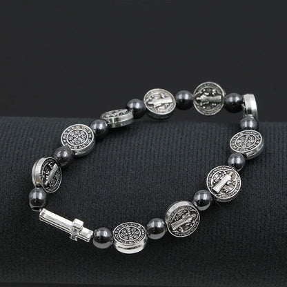 VILLWICE Catholic Rosary Bracelet St. Benedict Medal Cross Prayer Bracelets Hematite Beads Religion Jewelry Accessories
