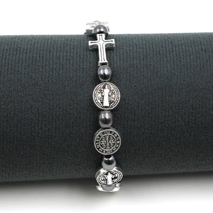 VILLWICE Catholic Rosary Bracelet St. Benedict Medal Cross Prayer Bracelets Hematite Beads Religion Jewelry Accessories