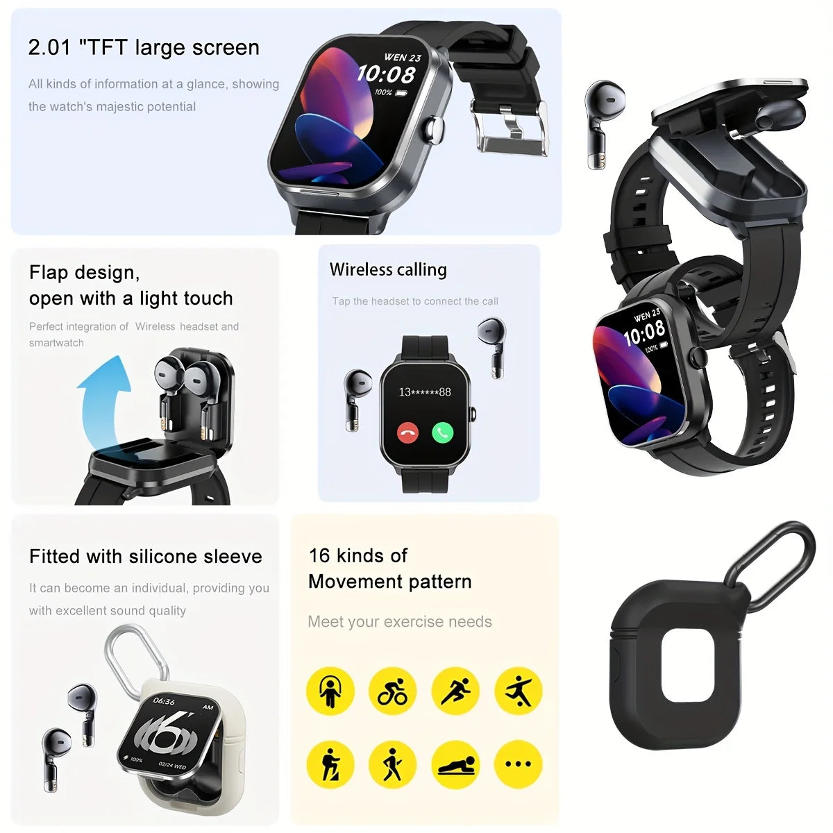 Men Smart Watch 2.01 inch HD Large Screen Waterproof Heart Rate Blood Oxygen Bluetooth earphone TWS 2 in 1 Make phone calls 2024