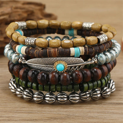 Feather Evil Eye Ethnic 5-6pc/set wood bead tree Charms bracelets Hamsa Hand Butterfly Bohemia Men Bracelets Women Jewelry