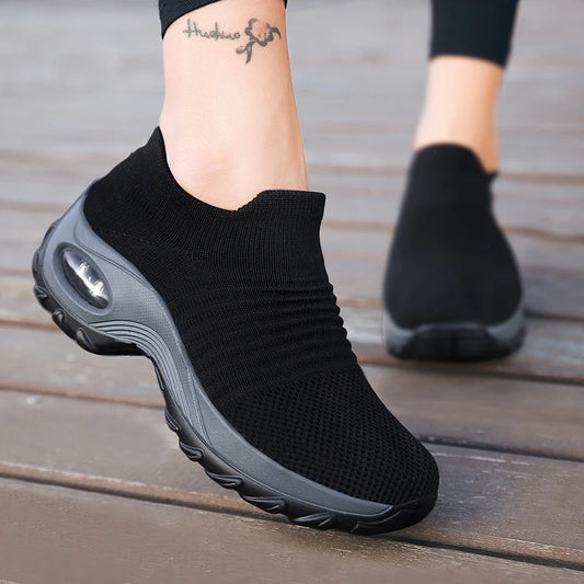 Women's Casual Sports Socks Sneakers Fashionable Thick Sole Air Cushion, Elevated Sloping Heel Rocking Shoes