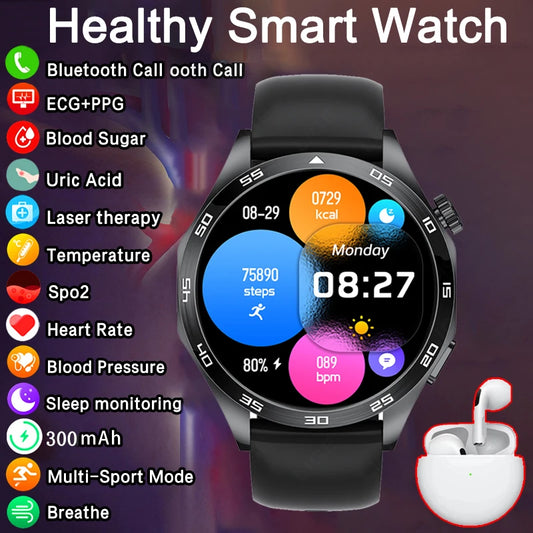 LIGE Wireless earphones ECG+PPG Smart Watch Blood Lipid Uric Acid Monitor Health Smartwatch Bluetooth Call Waterproof Watch Men