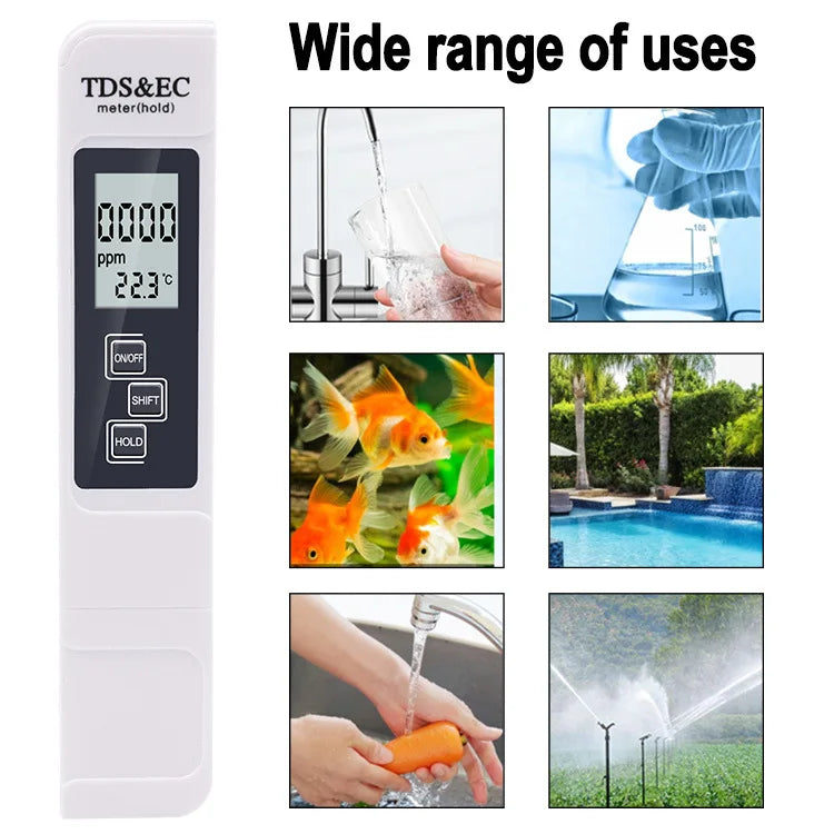 Digital Water Quality Tester TDS EC Meter Range 0-9990 Multifunctional Water Purity Temperature Meter TEMP PPM Tester