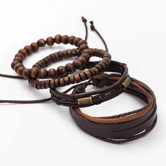 4PCS Fashion Vintage Men's Bracelet Multi-Layer Wooden Beads Trendy Accessories Leather Wooden Bead Set Bracelet for Men