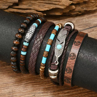 Feather Evil Eye Ethnic 5-6pc/set wood bead tree Charms bracelets Hamsa Hand Butterfly Bohemia Men Bracelets Women Jewelry