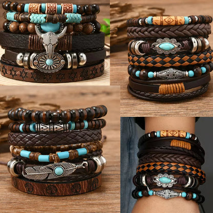 Feather Evil Eye Ethnic 5-6pc/set wood bead tree Charms bracelets Hamsa Hand Butterfly Bohemia Men Bracelets Women Jewelry