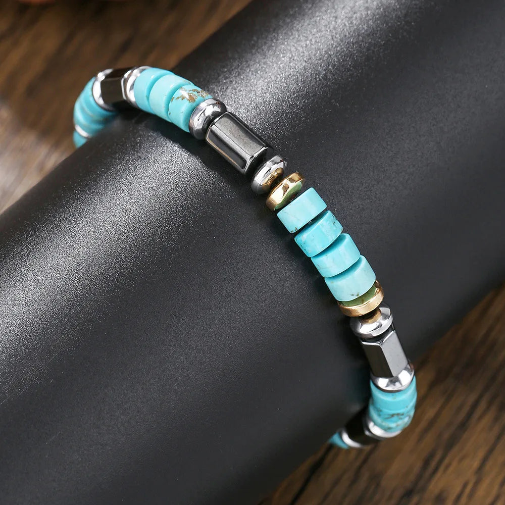 Retro Imitation Natural Blue Stone Bead Bracelet Fashion Men Summer Jewelry Trend Bohemian Accessories
