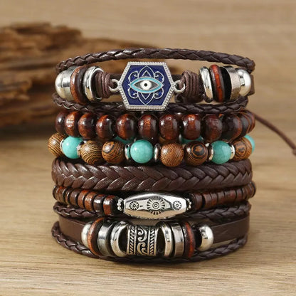Feather Evil Eye Ethnic 5-6pc/set wood bead tree Charms bracelets Hamsa Hand Butterfly Bohemia Men Bracelets Women Jewelry