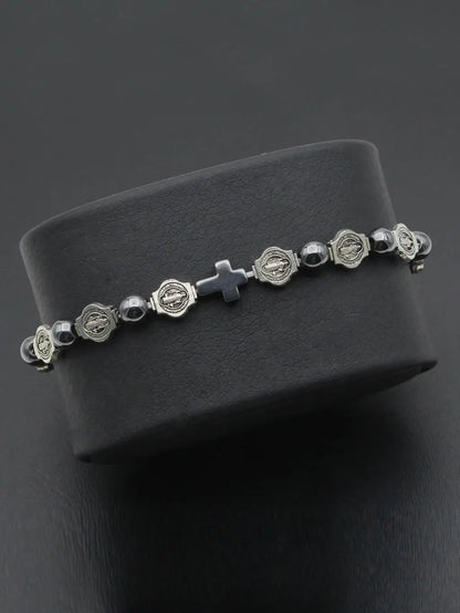 VILLWICE Catholic Rosary Bracelet St. Benedict Medal Cross Prayer Bracelets Hematite Beads Religion Jewelry Accessories