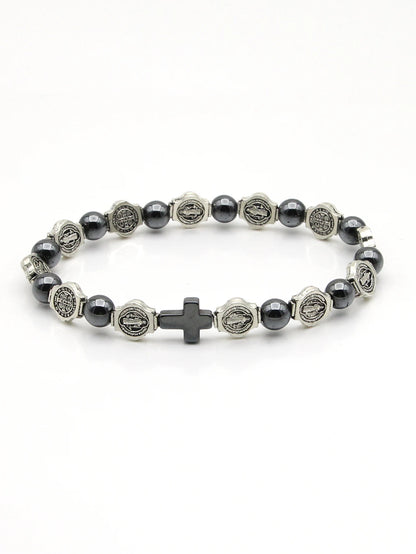 VILLWICE Catholic Rosary Bracelet St. Benedict Medal Cross Prayer Bracelets Hematite Beads Religion Jewelry Accessories