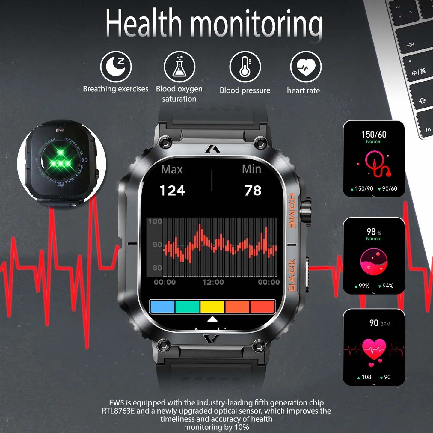 EIGIIS New 5ATM Waterproof Men Military Watch Heart Rate Blood Pressure Blood Oxygen 2.02'' TFT HD With Compass 100+ Sports Mode