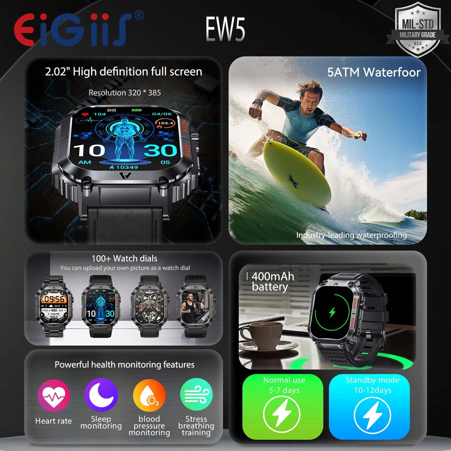 EIGIIS New 5ATM Waterproof Men Military Watch Heart Rate Blood Pressure Blood Oxygen 2.02'' TFT HD With Compass 100+ Sports Mode