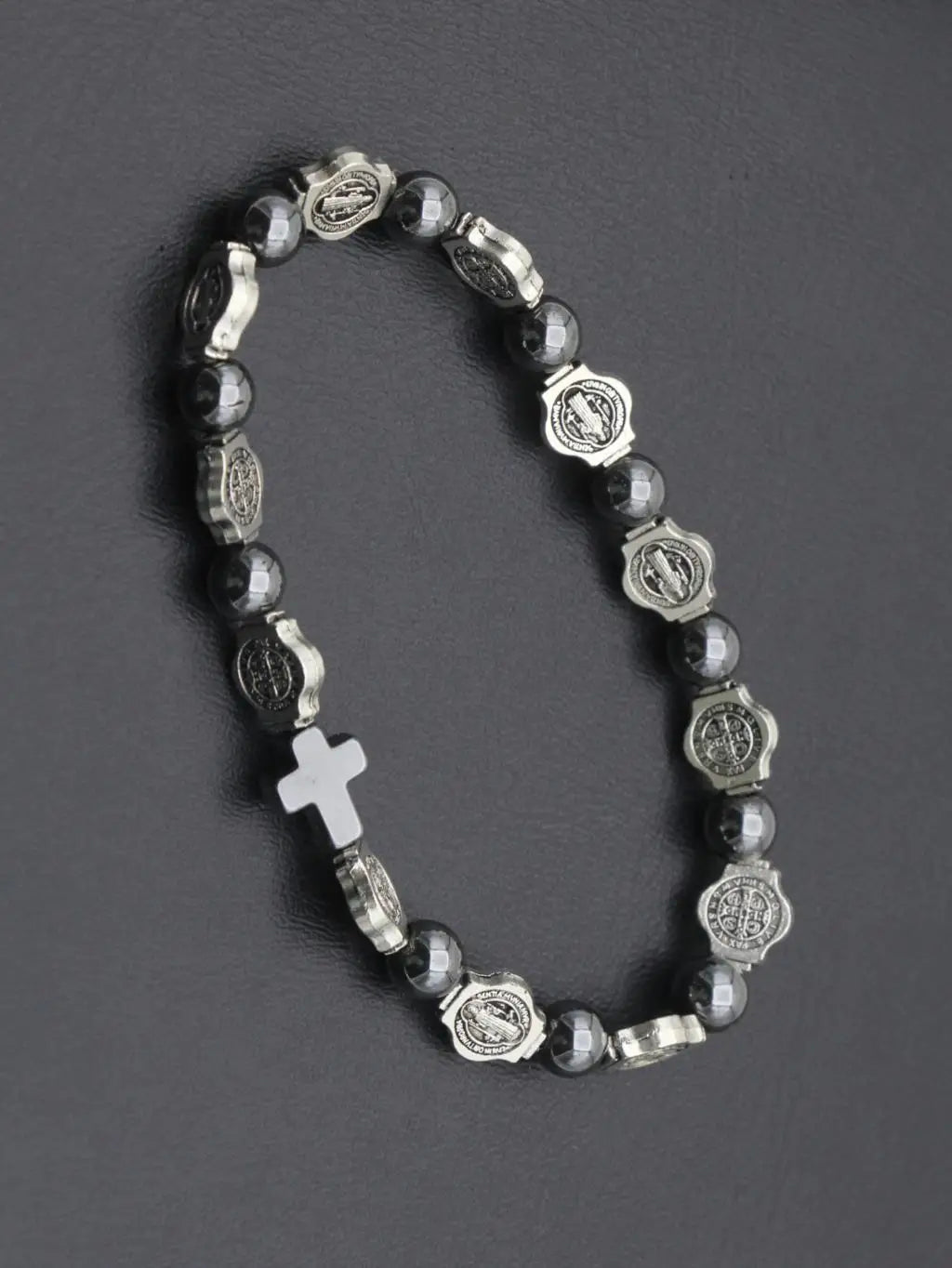 VILLWICE Catholic Rosary Bracelet St. Benedict Medal Cross Prayer Bracelets Hematite Beads Religion Jewelry Accessories
