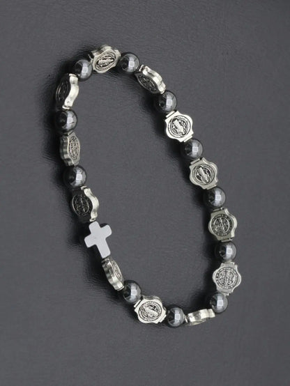 VILLWICE Catholic Rosary Bracelet St. Benedict Medal Cross Prayer Bracelets Hematite Beads Religion Jewelry Accessories