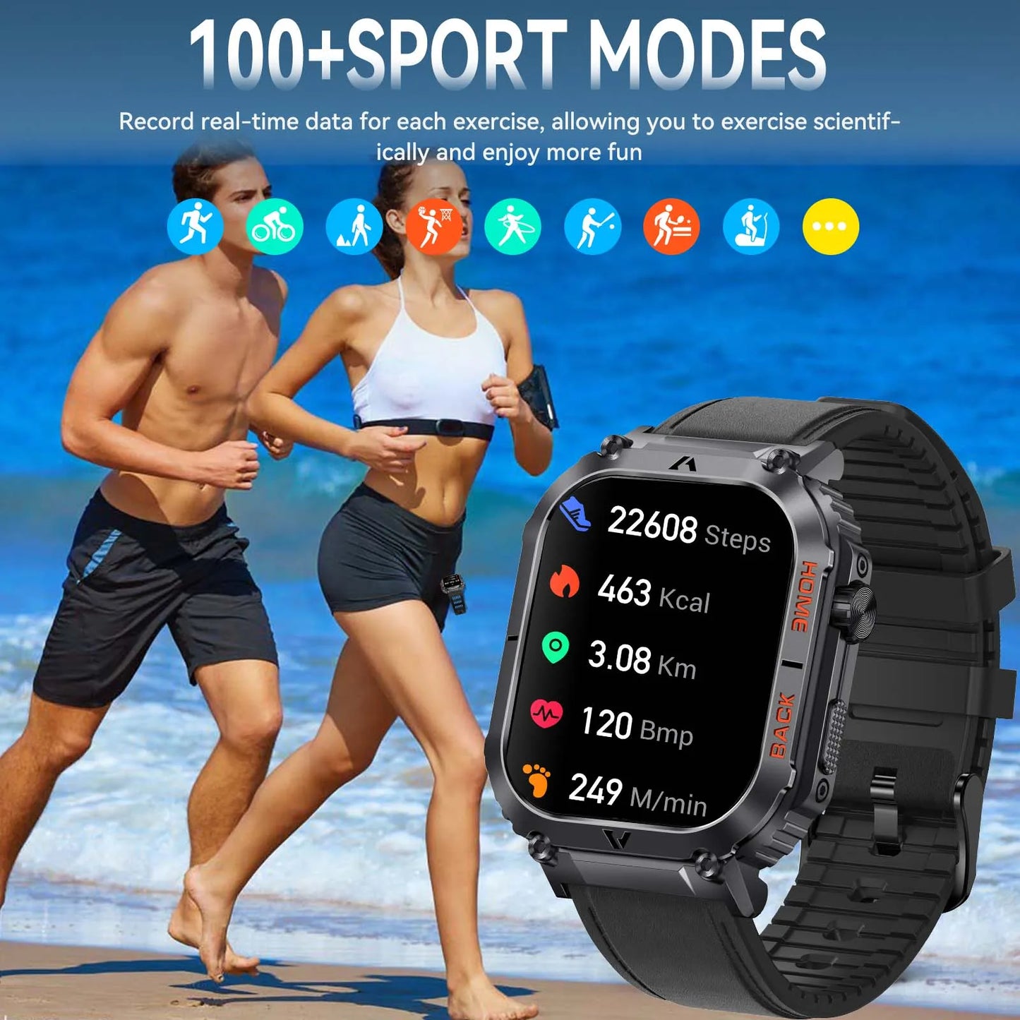 EIGIIS New 5ATM Waterproof Men Military Watch Heart Rate Blood Pressure Blood Oxygen 2.02'' TFT HD With Compass 100+ Sports Mode