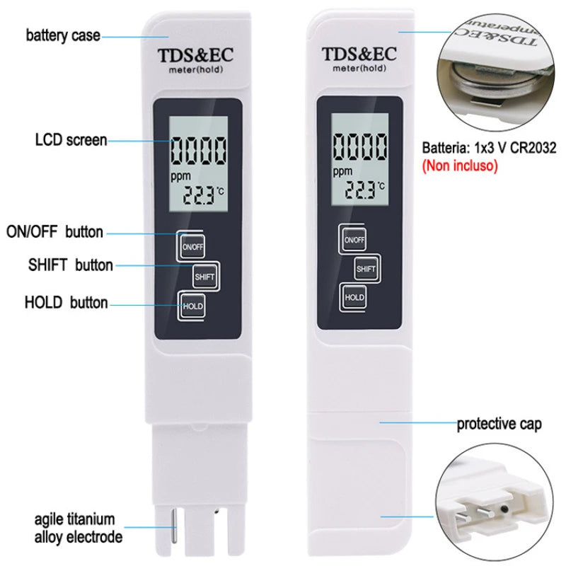 Digital Water Quality Tester TDS EC Meter Range 0-9990 Multifunctional Water Purity Temperature Meter TEMP PPM Tester