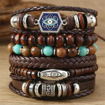 Feather Evil Eye Ethnic 5-6pc/set wood bead tree Charms bracelets Hamsa Hand Butterfly Bohemia Men Bracelets Women Jewelry