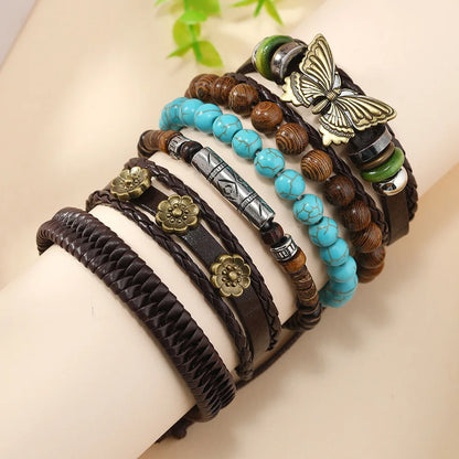Feather Evil Eye Ethnic 5-6pc/set wood bead tree Charms bracelets Hamsa Hand Butterfly Bohemia Men Bracelets Women Jewelry