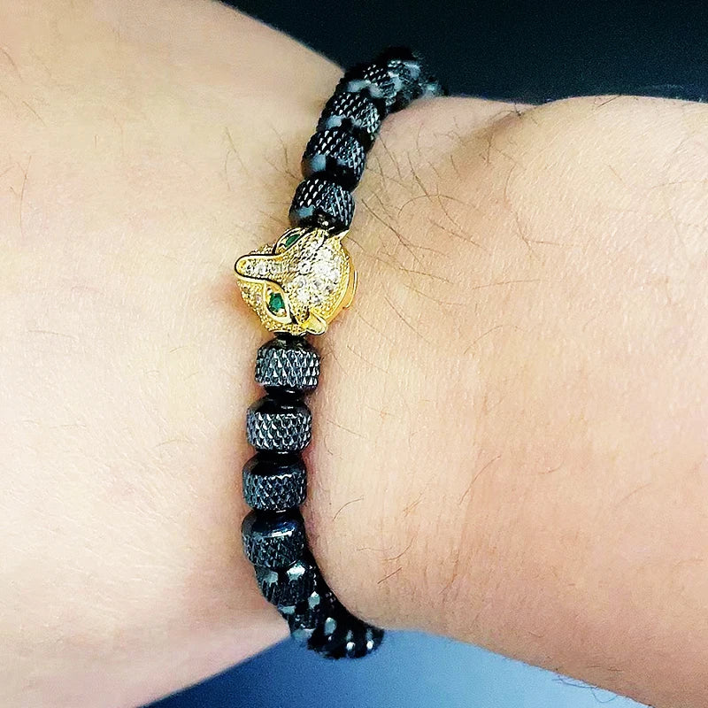 Luxury Stainless Steel Beads Beaded Leopard Head Man Bracelet For Women Hand Jewelry Couple Gift