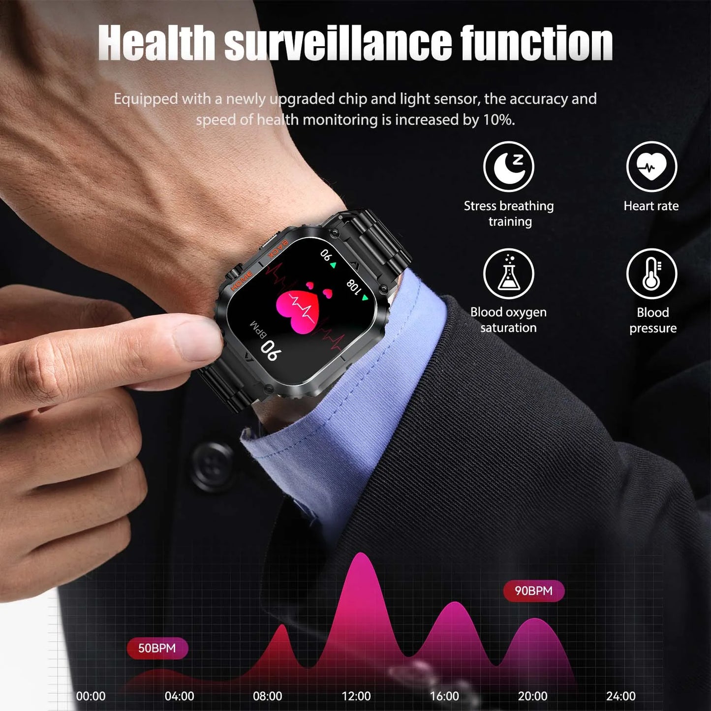 EIGIIS New 5ATM Waterproof Men Military Watch Heart Rate Blood Pressure Blood Oxygen 2.02'' TFT HD With Compass 100+ Sports Mode